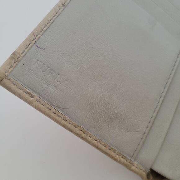 Furla Italian Trifold Wallet Medium Ostrich Leather Gray Designer Compact Logo - Picture 5 of 11